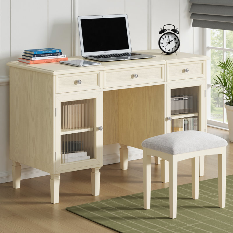 Coiffeuse 46,5 "/ bureau d'ordinateur avec tabouret et miroir rabattable