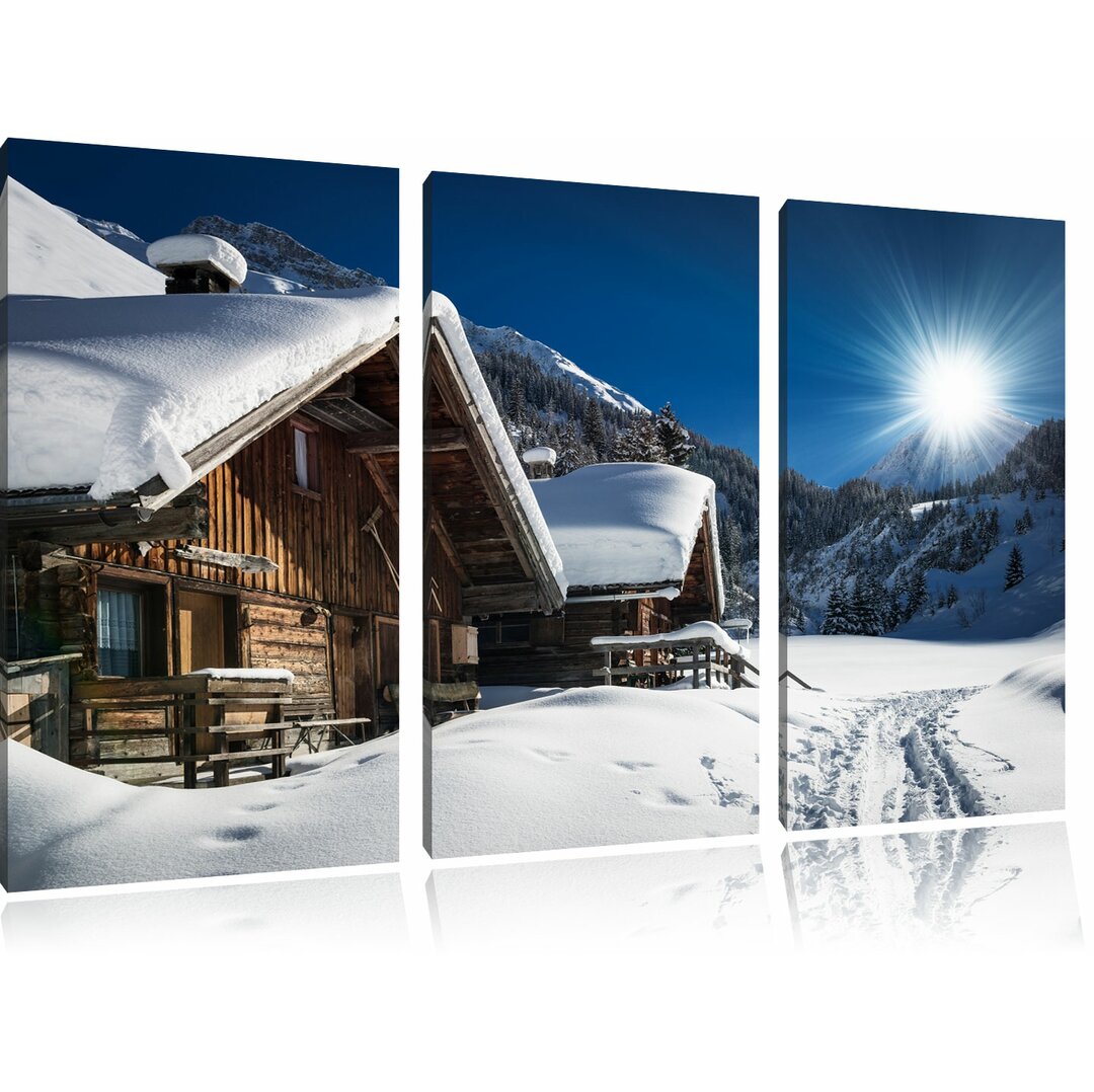 3-tlg. Leinwandbild-Set „Verschneite Alpenhütte", Fotodruck