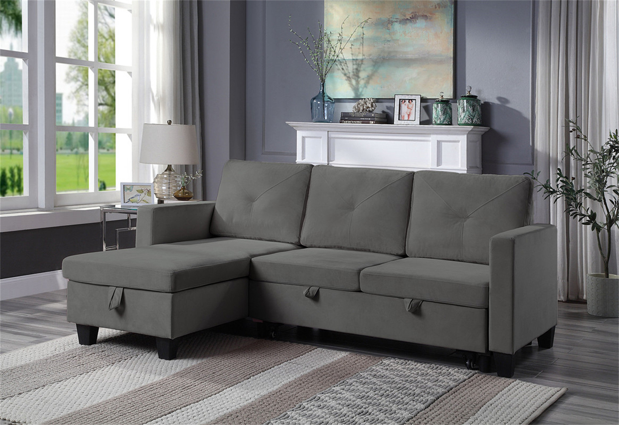 Ebern Designs Nova 82.5" Dark Grey Velvet Reversible Sleeper Sectional ...