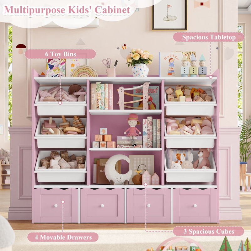 🧸 4-Tier Kids Bookcase with Drawers and Bins, All-in-One Toy Storage Organizer for Playroom, Pink/White
