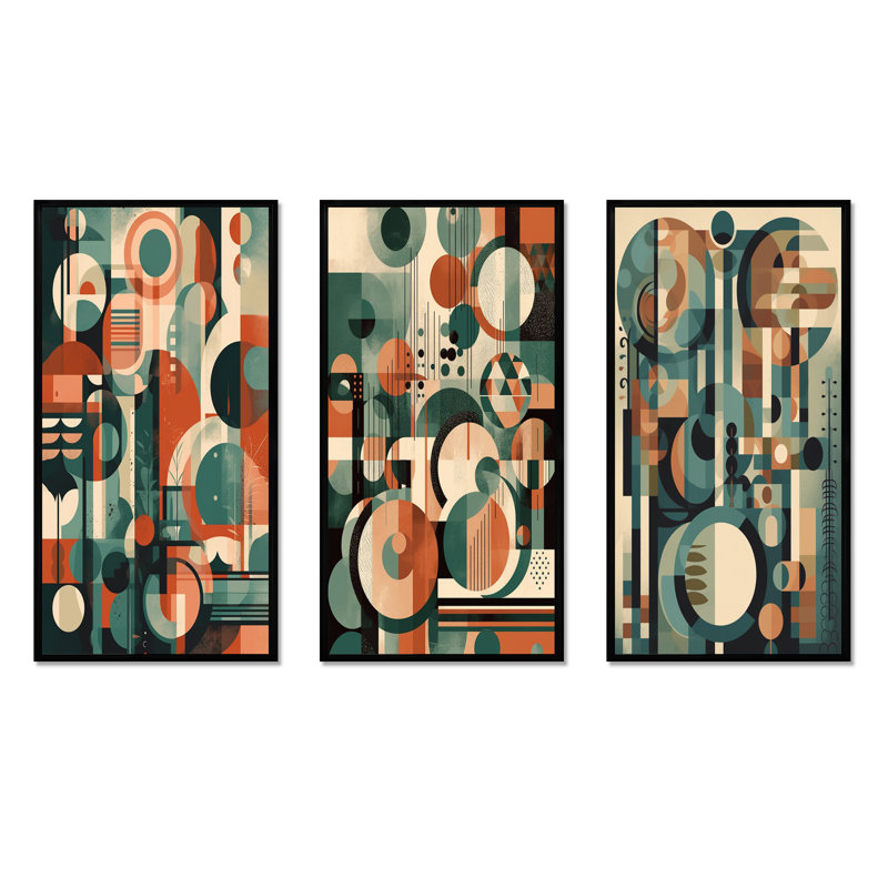 «Mid Century Artistic Transformations», 3 pièces sur toile, H 28 po x l 36 po, Cadre flottant noir