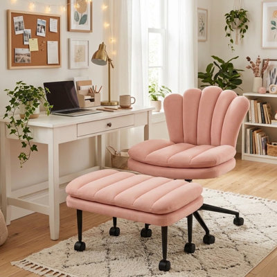 Chaise de bureau ergonomique à pieds croisés avec repose-pieds pivotant, fauteuil de coiffeuse en velours à dossier pétale pour bureau à domicile