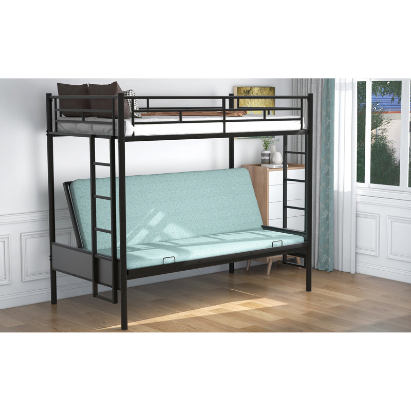 Lit superposé simple au-dessus d'un lit double en métal, multifonction, noir, futon, design moderne noir à conception simple, lattes robustes