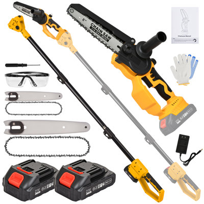 Scie à colonne électrique sans fil 2 en 1 et mini scie à chaîne - Tondeuse à arbre sans brosse 21 V avec pales de 6 po et 8 po, poteau d'extension et 2 piles