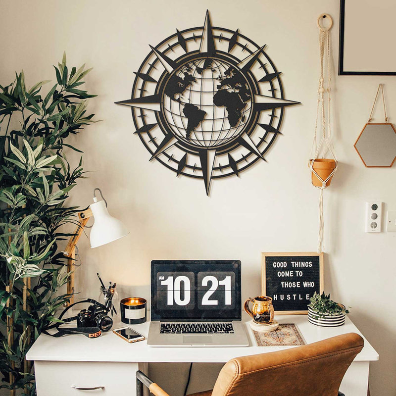 Décoration murale boussole et carte du monde en métal, H 27 po x l 27 po x P 1 po