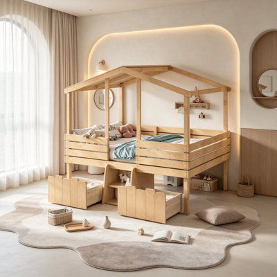 Lit mezzanine bas House avec escaliers et tiroirs de rangement pour enfants, cadre de lit mezzanine en bois massif pour petite chambre à coucher, taille double, naturel