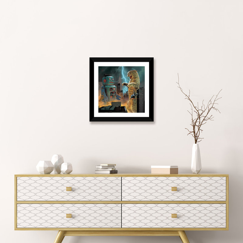 " Catzilla Vs Robot " by Vincent Hie, 16" H x 16" W x 1" D, Black Framed Paper