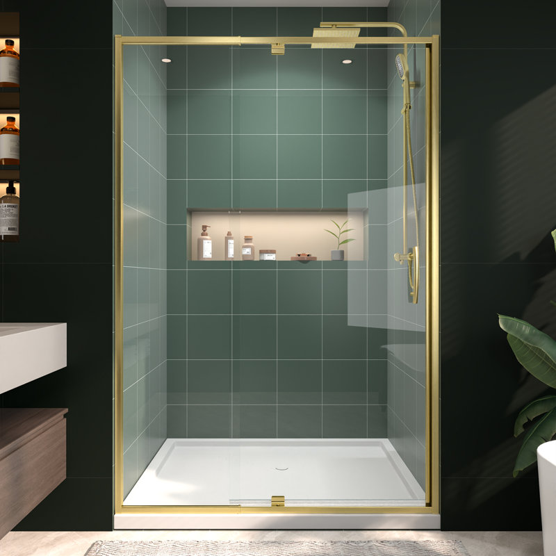 44 - 48 in. W x 71 in. H Pivot  Shower Door in Brushed Gold with Clear Glass, Brushed Gold, Clear