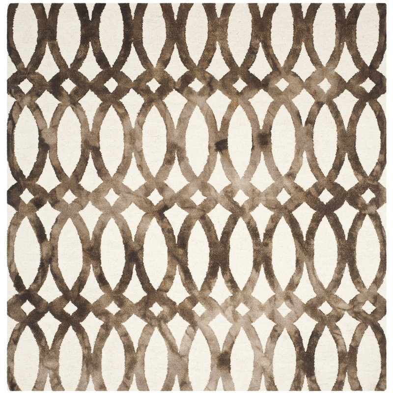 Amekia Hand Tufted Wool/Cotton Geometric Rug in Chocolate/Ivory, Square 7'