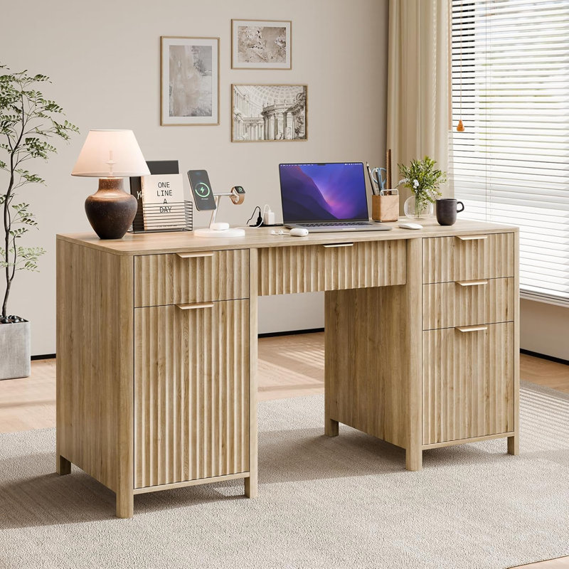 58" Fluted Home Office Desks With Storage, Modern Executive Desk Computer Desks With 5 Drawers & Cabinet, Wood Work Desk File Drawer For Office, Bedroom, Study, Living Room