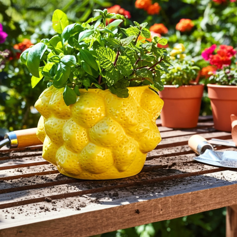 Textured Stoneware Ceramic Planter With Sculpted Bulbous Design And Integrated Drainage Hole For Indoor Outdoor Display