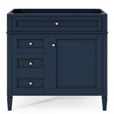 Meuble-lavabo moderne de 36 po, structure en bois massif. Sans lavabo, 2 tiroirs et tiroir basculant. Bleu. Construire. Organisateur de porte d'armoire. Espace de rangement spacieux