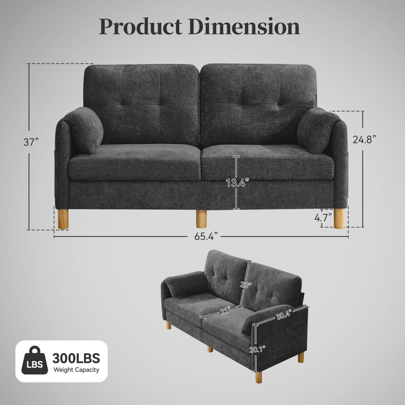 Canapé 65,4 po en chenille touffetée - Structure en bois robuste, poches de rangement, Gris foncé