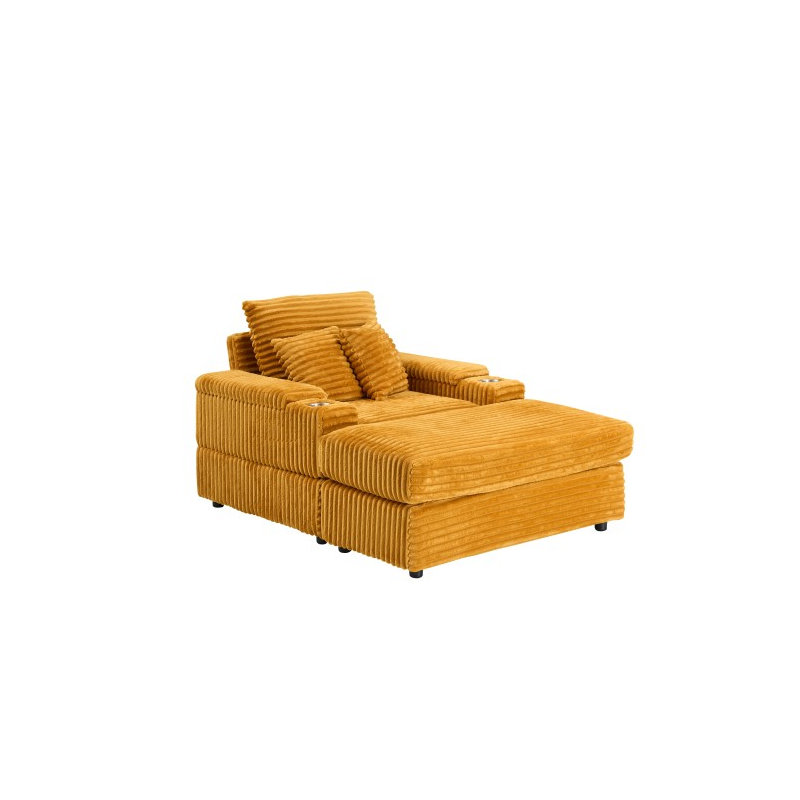 Canapé simple en velours côtelé avec un coussin, deux coussins décoratifs, un repose-pieds et deux espaces de rangement