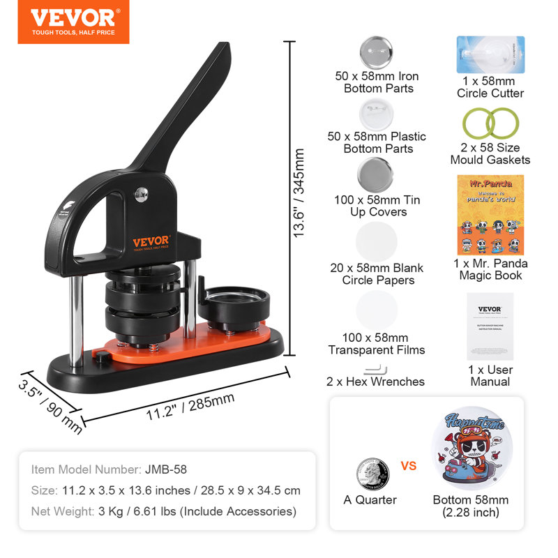VEVOR Button Maker Machine Pin Badge Maker 2.28" 100 Button Parts and Circle Cutter