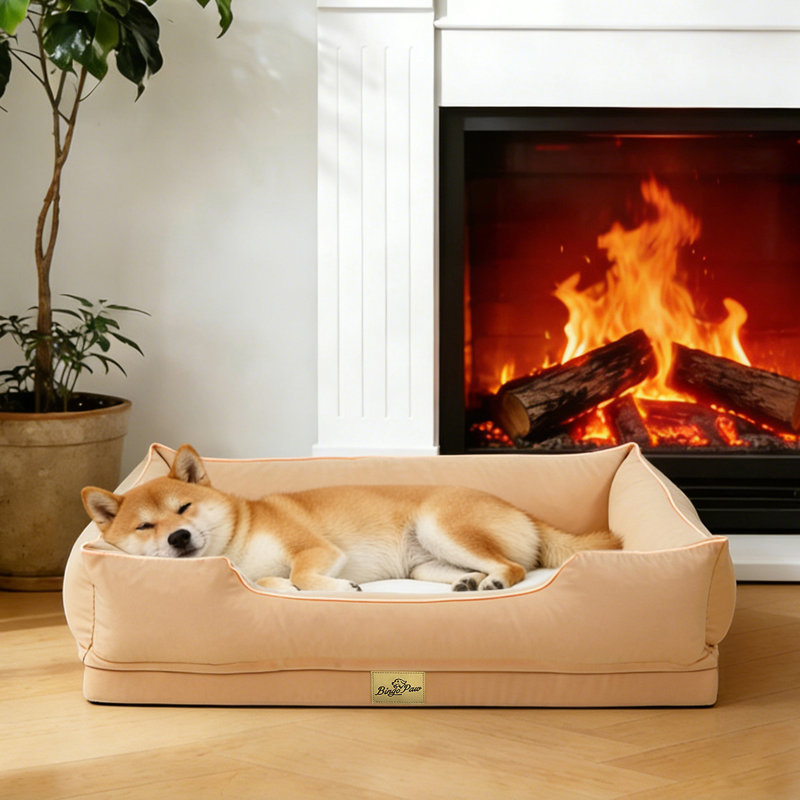 Orthopedic Dog Bed with Bolster , Beige, Large (19.5cm H x 94.5cm W x 67cm D)