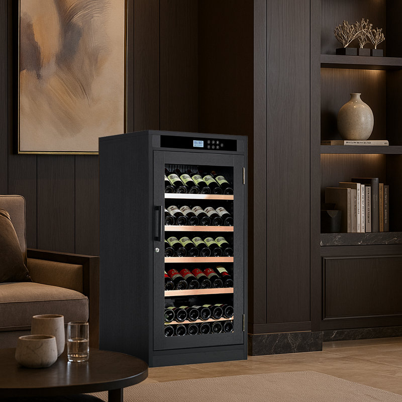 Armoire à vin autoportante, refroidisseur à vin élégant avec porte en verre résistante aux rayons UV, éclairage DEL et support de rangement