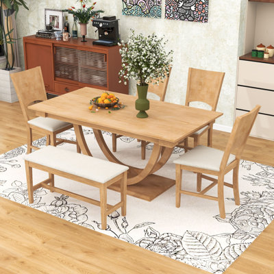 Ensemble de salle à manger en bois 6 pièces avec table de chevet demi-ronde, 4 chaises rembourrées et banc