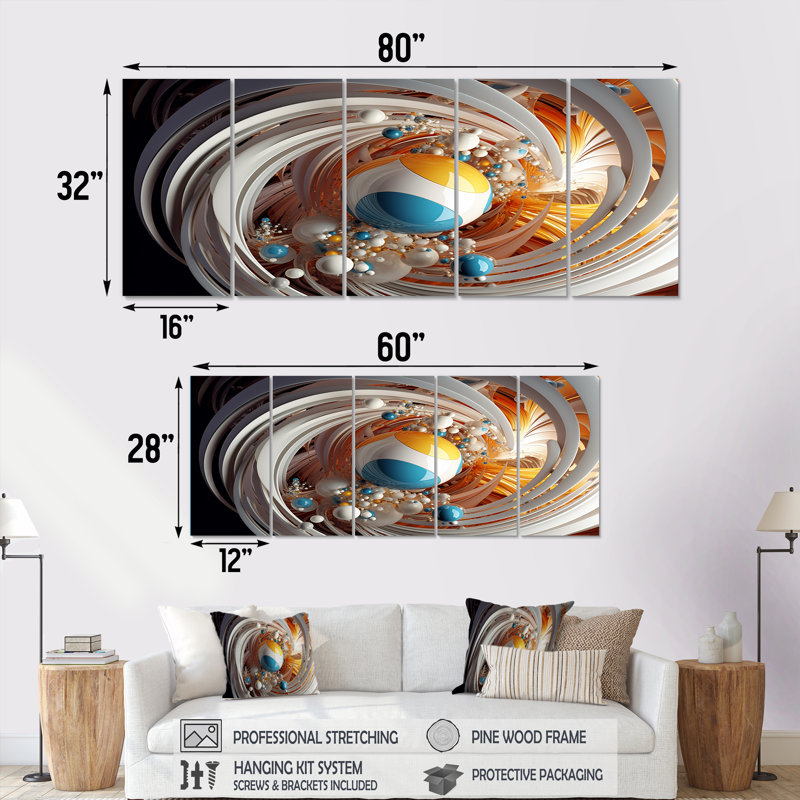 «Distant Galaxy Turquoise White - Abstract Spirals», ensemble d'art mural 5 pièces, H 28 po x l 60 po