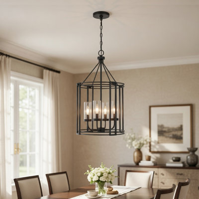 Lustre 4 lumières avec abat-jour en verre transparent, cage ronde noire de 26 pouces