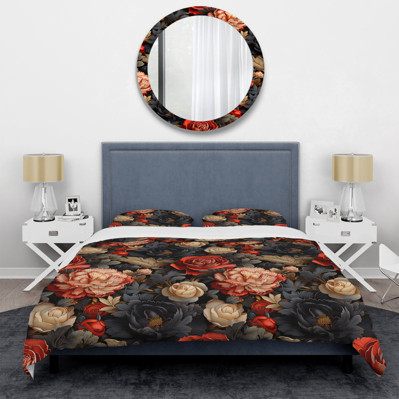 Ensemble de housse de couette à motif floral rouge victorien Opulence III, Housse de couette simple + 1 taie décorative stan