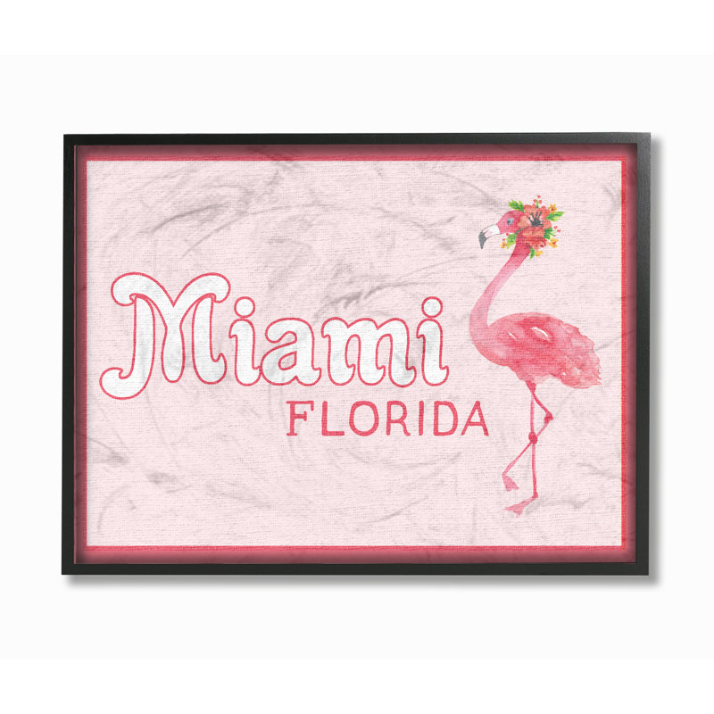 Impression d’art textuel, "miami florida flamant rose" par daphne polselli, H 11 po x l 14 po, Giclée encadrée noir minuit