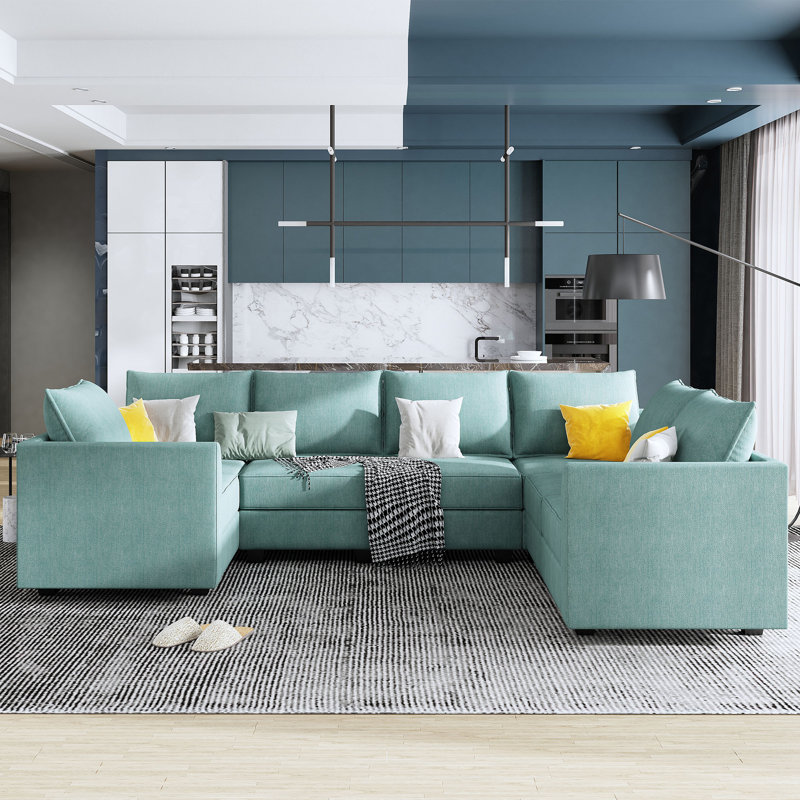 U-Shaped Corner Modular Upholstered Sectional Sofa with Storage Seat, Blue Polyester