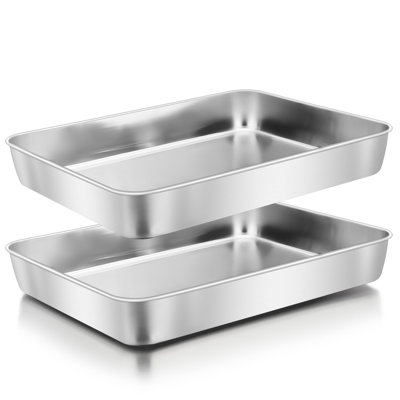 Rectangle Cake Pan, Non-Stick Baking Pan for Oven, Stainless Steel Lasagna Brownies Casseroles Cakes Bakeware, Oven Safe, Set of 2, (Silver)