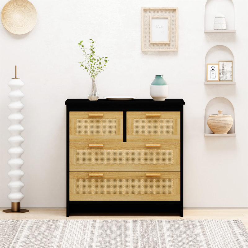Commode 4 tiroirs en rotin, Noir