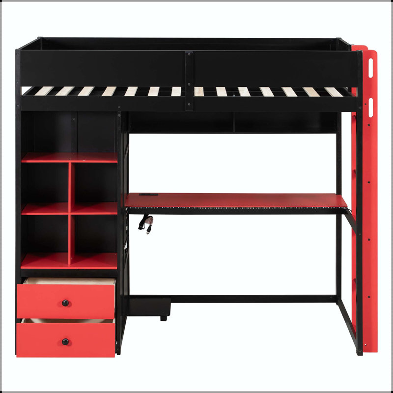 Lit mezzanine double en bois avec bureau et rangement, Double, Noir, mauve