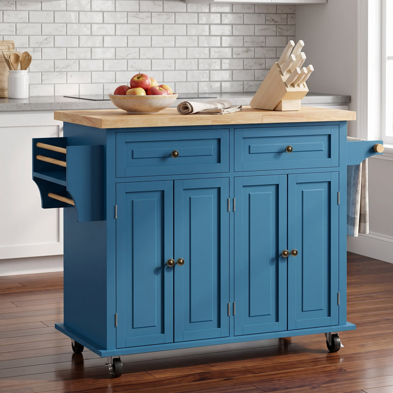 Îlot de cuisine avec roulettes, chariot de cuisine avec plateau en bois d'hévéa, porte-épices, porte-serviettes et tiroirs
