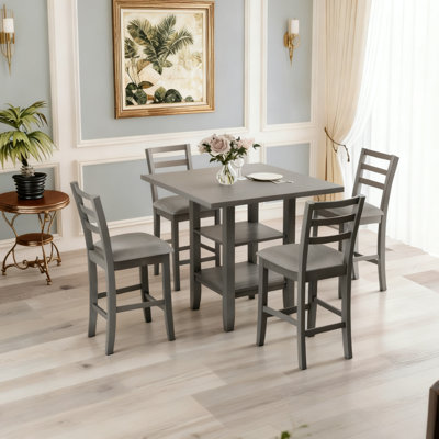 L'ensemble de salle à manger moderne 5 pièces pour 4 personnes comprend une table carrée et 4 chaises de salle à manger en toile de jute grise, une laque espresso chaude et des tablettes cachées à 2 niveaux