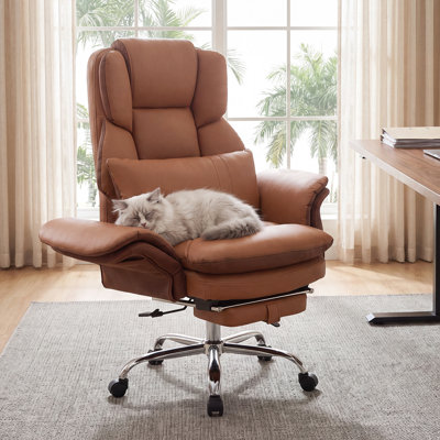 Big and Tall Executive Office Chair with Arms & Footrest, PU Leather Brown | Ergonomic Chair with Wheels, Scratch-resisitant Leather Wide Seat High Back,Heavy Duty Recline Cross Legged Chair for Office