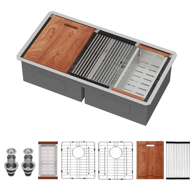 Évier de cuisine en acier inoxydable à cuve double encastrable de calibre 16 avec des accessoires de 33 pouces Workstation Ledge 50/50