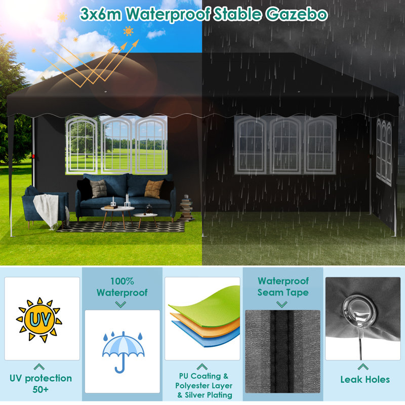 9 Ft. W x 18 Ft. D Metal Pop-Up Party Tent, Black