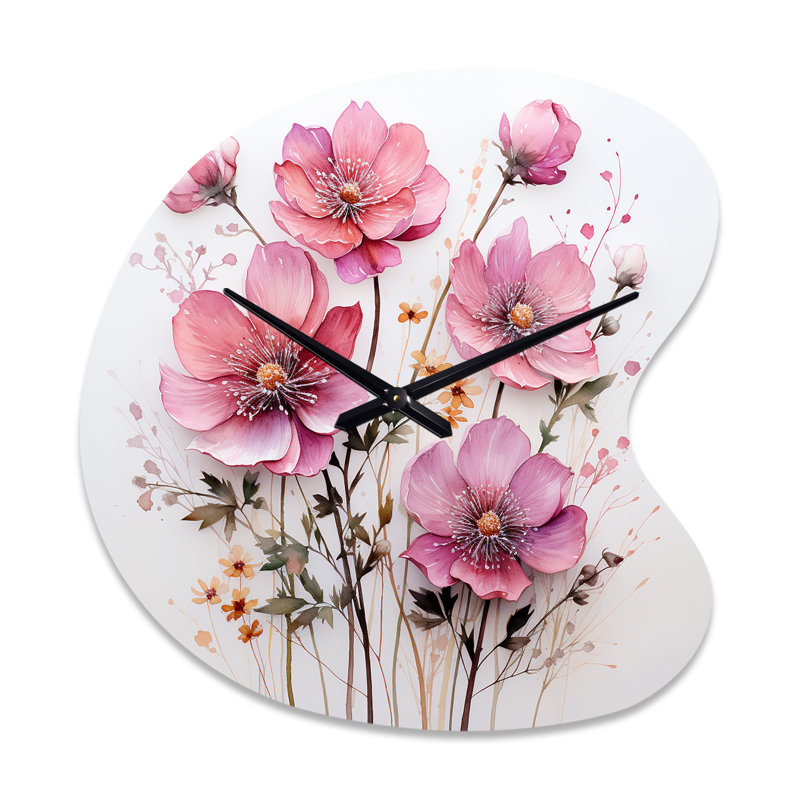 Pink Minimalism Pink Flower - Unique Shape Floral Metal Wall Clock, Pink Wall Clock Print, Large