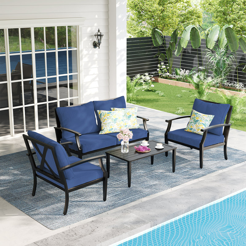 Ensemble de conversation pour patio pour 4 personnes avec coussins de coussin bleu marine, Marine