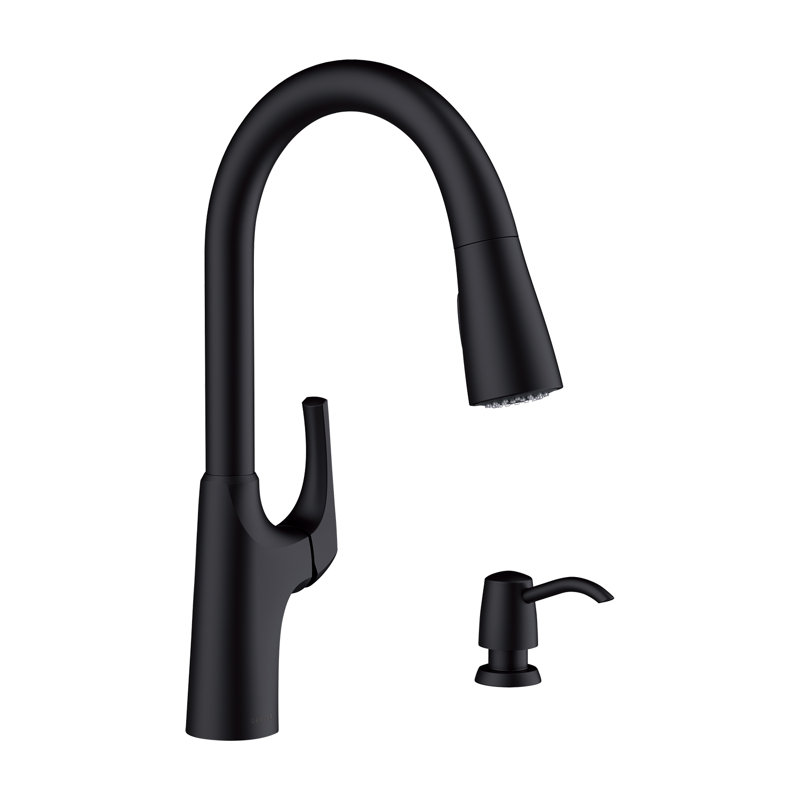 Robinet de cuisine à poignée simple avec plaque de pont et distributeur de savon Pilsen, Noir mat