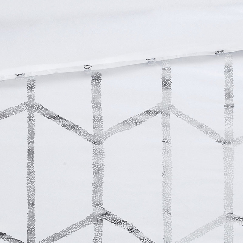 Édredon et édredon double / grand imprimé métallique - géométrique argenté sur blanc, microfibre, 2 taies décoratives, coussins décoratifs, imprimé de draps, vapeur