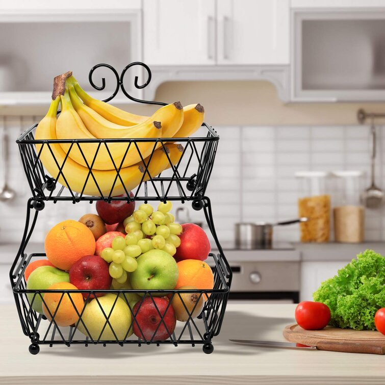 2 Tier Countertop Fruit Basket, Fruit Vegetable Storage Basket for Kitchen,  Metal Wire Organization Basket, Black 