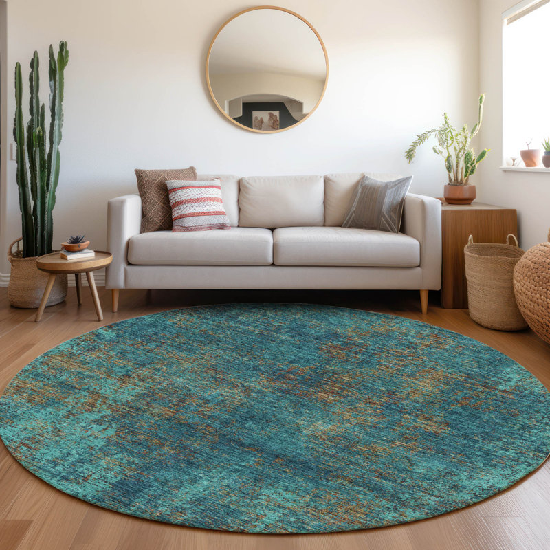 Premium Machine Washable Prisco Teal Rug, Round 8'