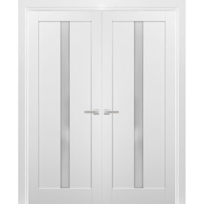 Portes françaises à double vitrage avec quincaillerie Quadro 4112 Blanc Soie avec panneaux en verre opaque dépoli, garnitures de cadre, porte intérieure robuste pour salle de bain ou chambre à coucher, 48 po x 80 po (2 x 24 x 80)