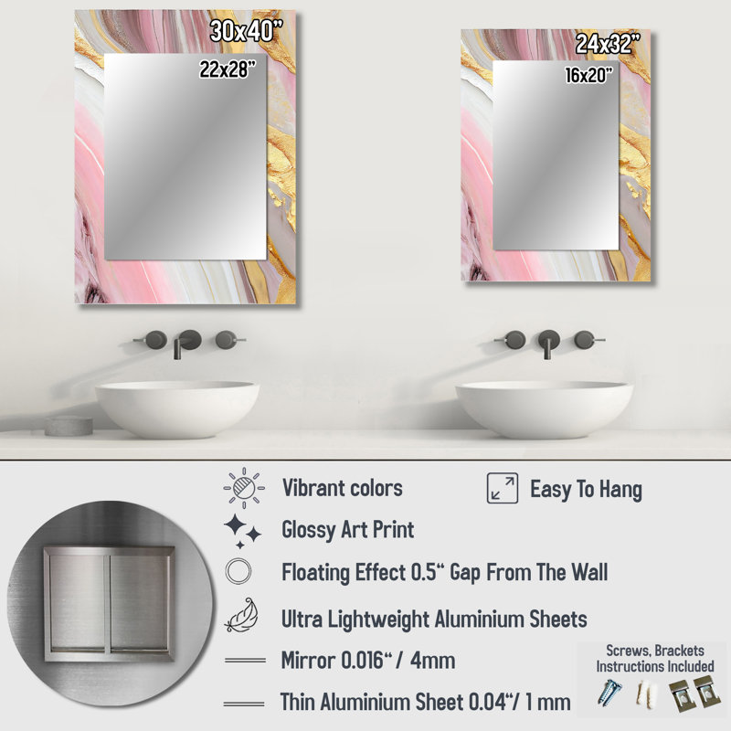 Pink And Gold Marble Abstract III - Marble Wall Mirror, Modern Decorative Mirror, Printed Metal Art, 40" x 30"