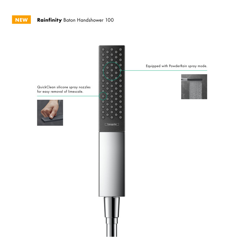 Hansgrohe Rainfinity Baton Handheld Shower Head 100, Chrome, 2.5 GPM