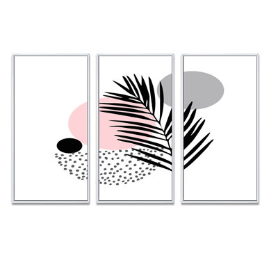Abstrait lune rose avec feuille de palmier - ensemble d'art mural sur toile tropical encadré de 3