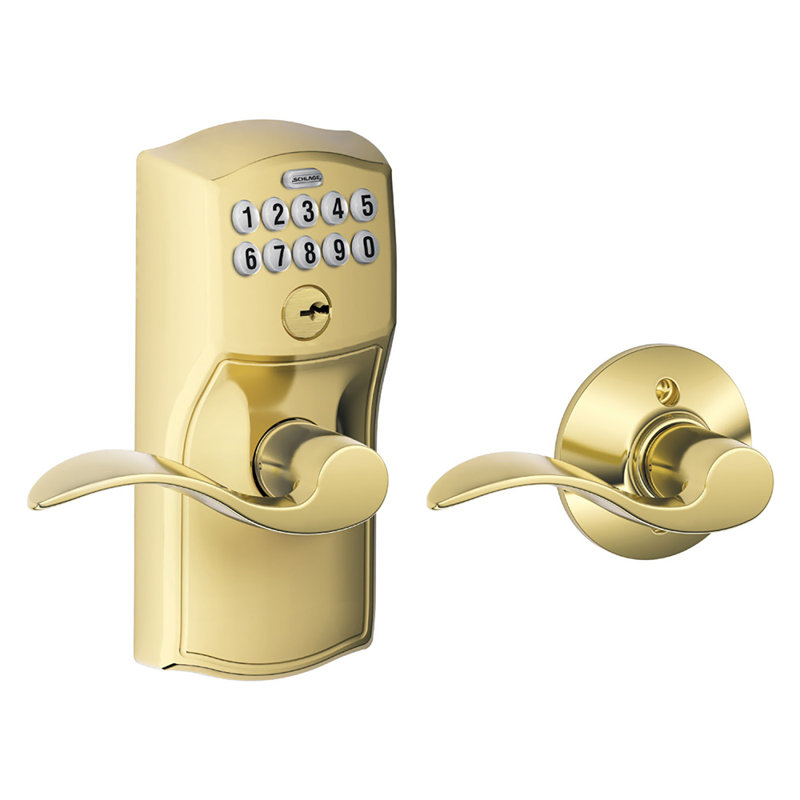 Accent Keypad Lever with Camelot Trim, Keyed Alike, Polished Brass, Yes