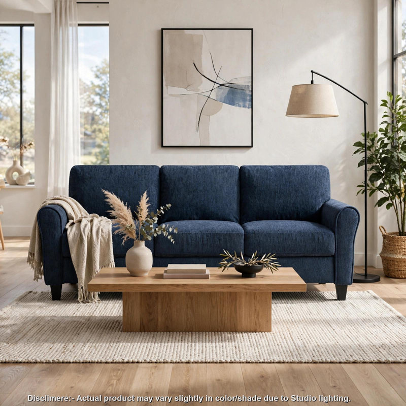 Canapé 3 places Elon avec pattes noires, accoudoirs arrondis, revêtement en chenille bleue, 206 cm (81 po)