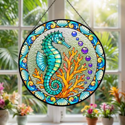 Teal Seahorse And Orange Coral In Stained Glass Circle Canvas Wall Art