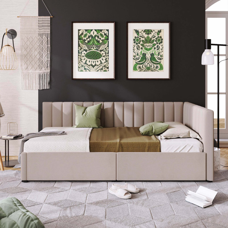 Lit de jour simple rembourré en lin avec 2 tiroirs de rangement, structure de canapé-lit, aucun sommier tapissier requis, beige