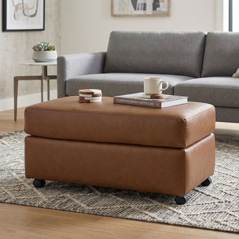 Latitude Run® Caro Leather Upholstered Ottoman, Brown
